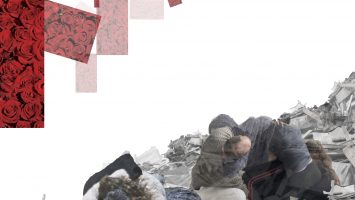 a collage of bodies and rubble on a white background