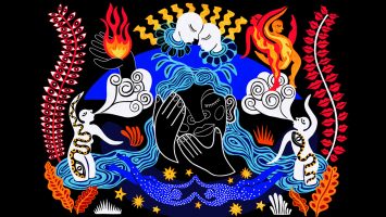 A brightly coloured, kaleidoscopic illustration of bodies dancing, eyes, water and fire.