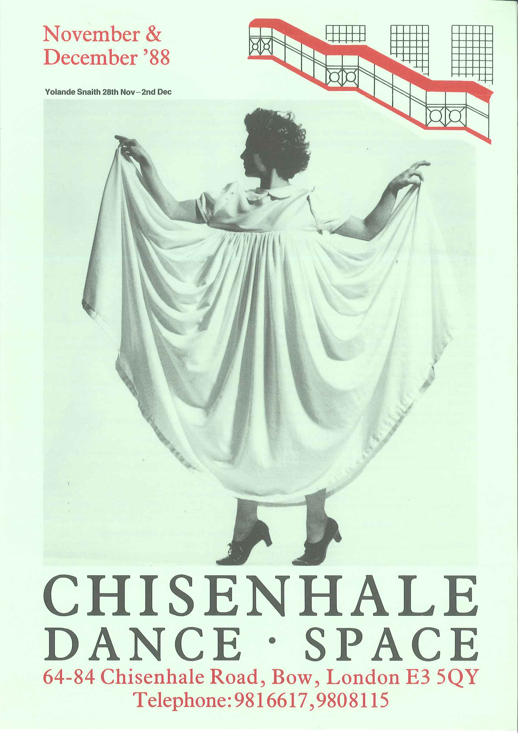 A poster featuring a dancer in profile, standing on raised toes, lifting both sides of her skirt elegantly. It advertises performances in November and December 1988
